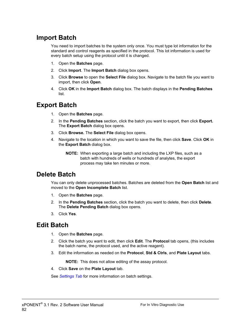 Import batch, Export batch, Delete batch | Edit batch, Import batch export batch delete batch edit batch | Luminex xPONENT 3.1 Rev 2 (IVD) User Manual | Page 92 / 108