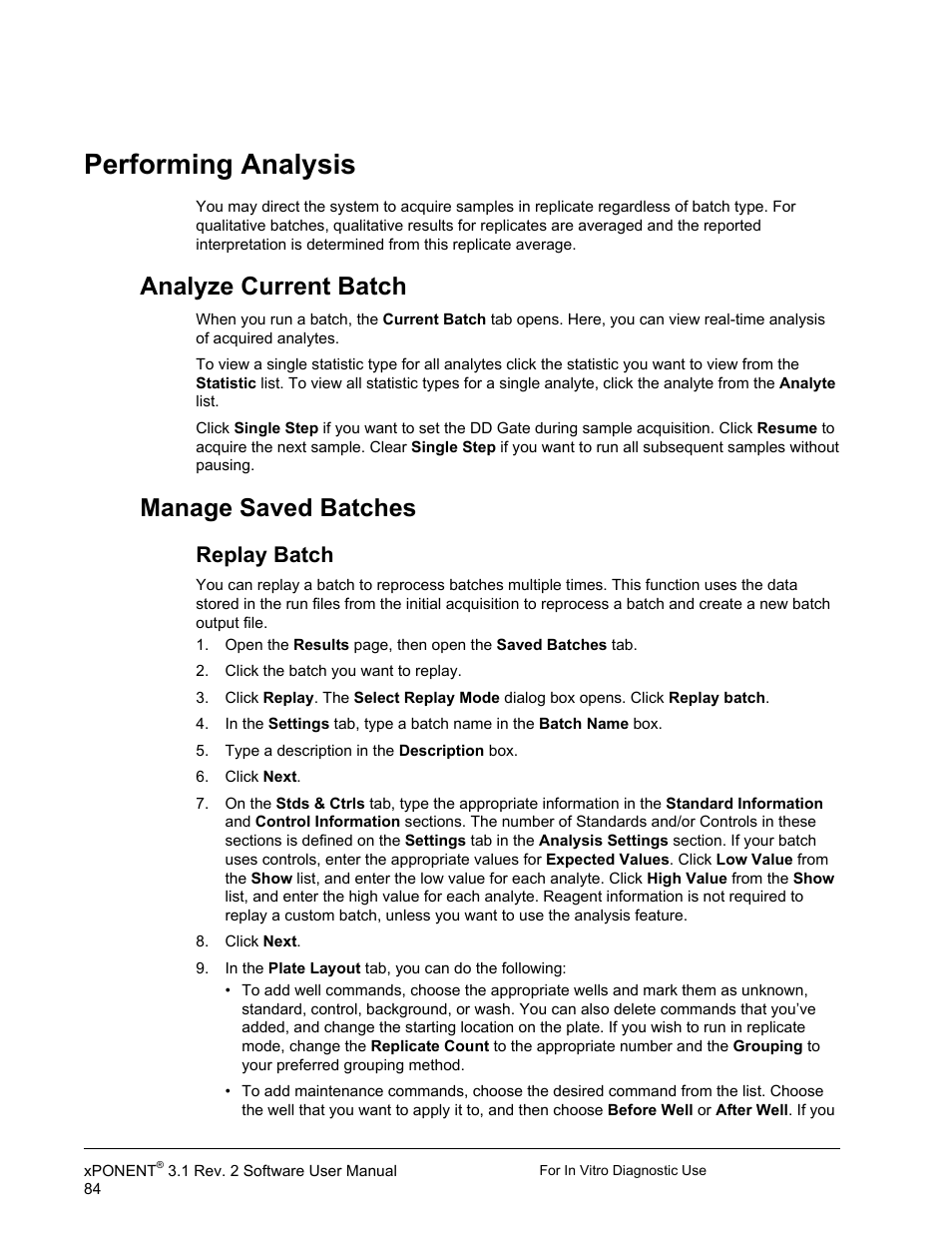 Performing analysis, Analyze current batch, Manage saved batches | Replay batch, Analyze current batch manage saved batches | Luminex xPONENT 3.1 Rev 2 (IVD) User Manual | Page 94 / 108