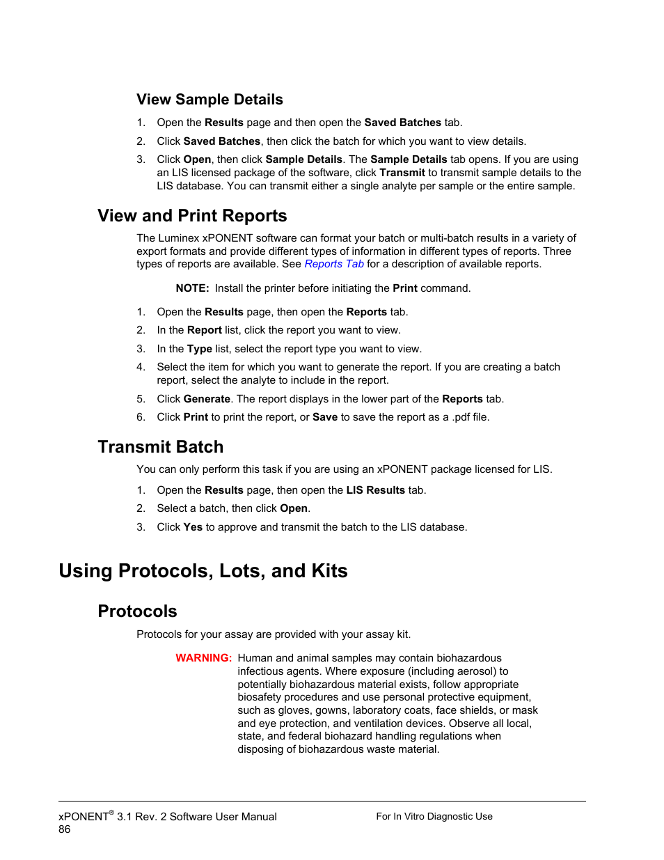 View sample details, View and print reports, Transmit batch | Using protocols, lots, and kits, Protocols, View and print reports transmit batch | Luminex xPONENT 3.1 Rev 2 (IVD) User Manual | Page 96 / 108