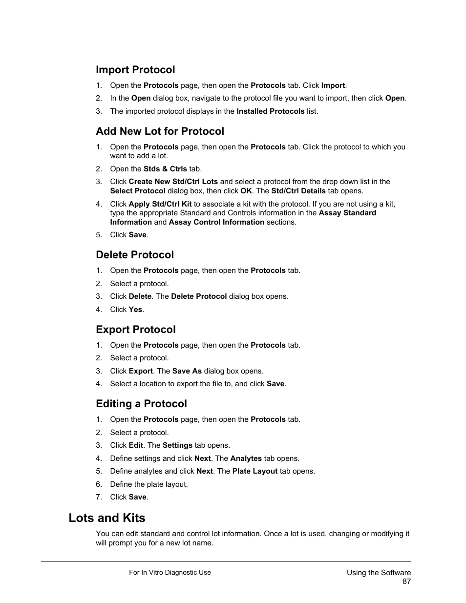 Import protocol, Add new lot for protocol, Delete protocol | Export protocol, Editing a protocol, Lots and kits | Luminex xPONENT 3.1 Rev 2 (IVD) User Manual | Page 97 / 108