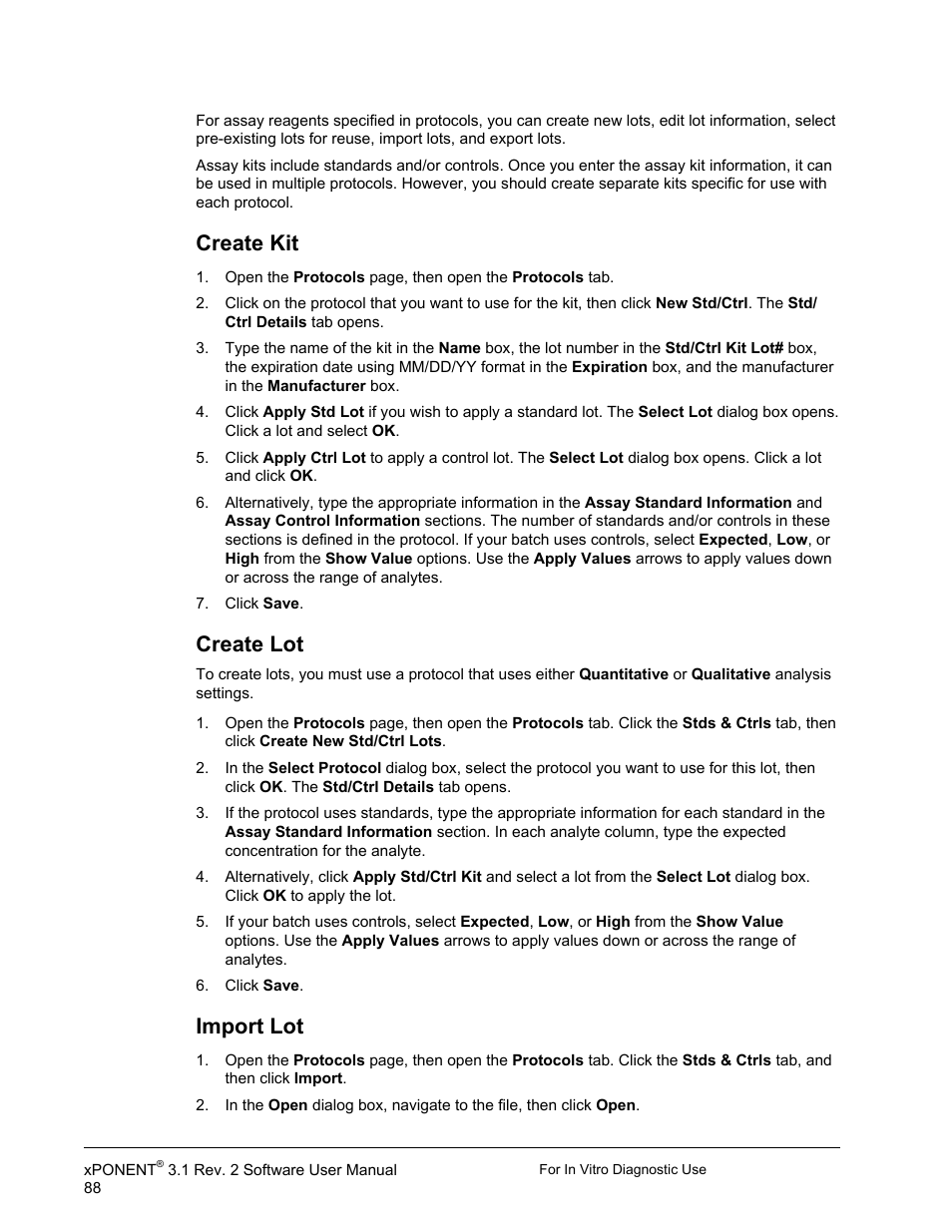Create kit, Create lot, Import lot | Luminex xPONENT 3.1 Rev 2 (IVD) User Manual | Page 98 / 108