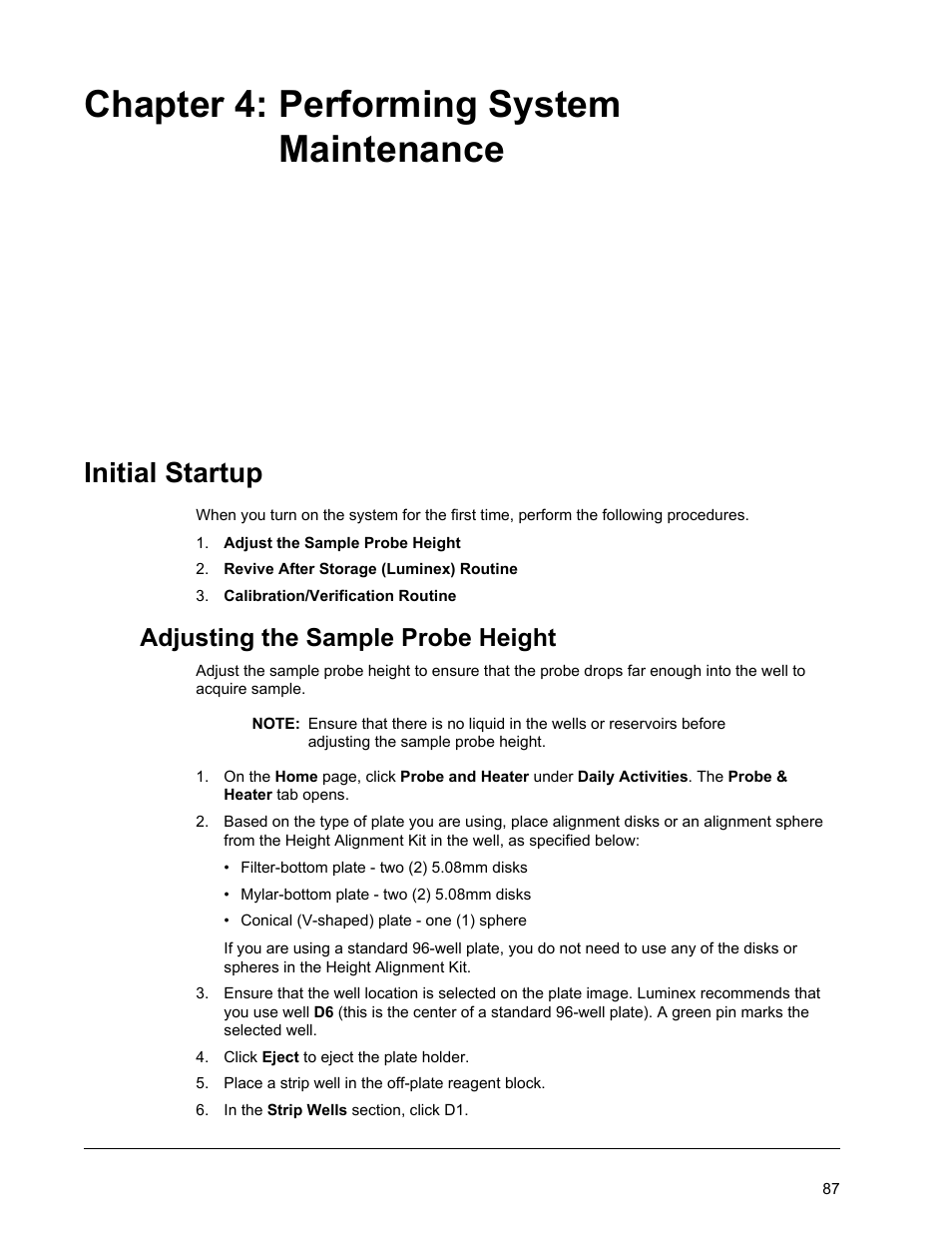 Performing system maintenance, Initial startup, Adjusting the sample probe height | Chapter 4 performing system maintenance, Chapter 4: performing system maintenance | Luminex xPONENT for MAGPIX User Manual | Page 100 / 126