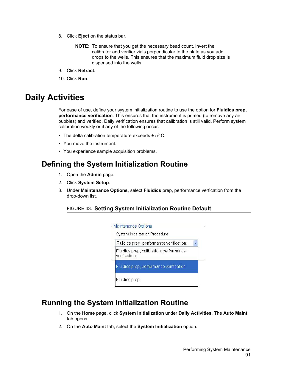 Daily activities, Defining the system initialization routine, Running the system initialization routine | Luminex xPONENT for MAGPIX User Manual | Page 104 / 126