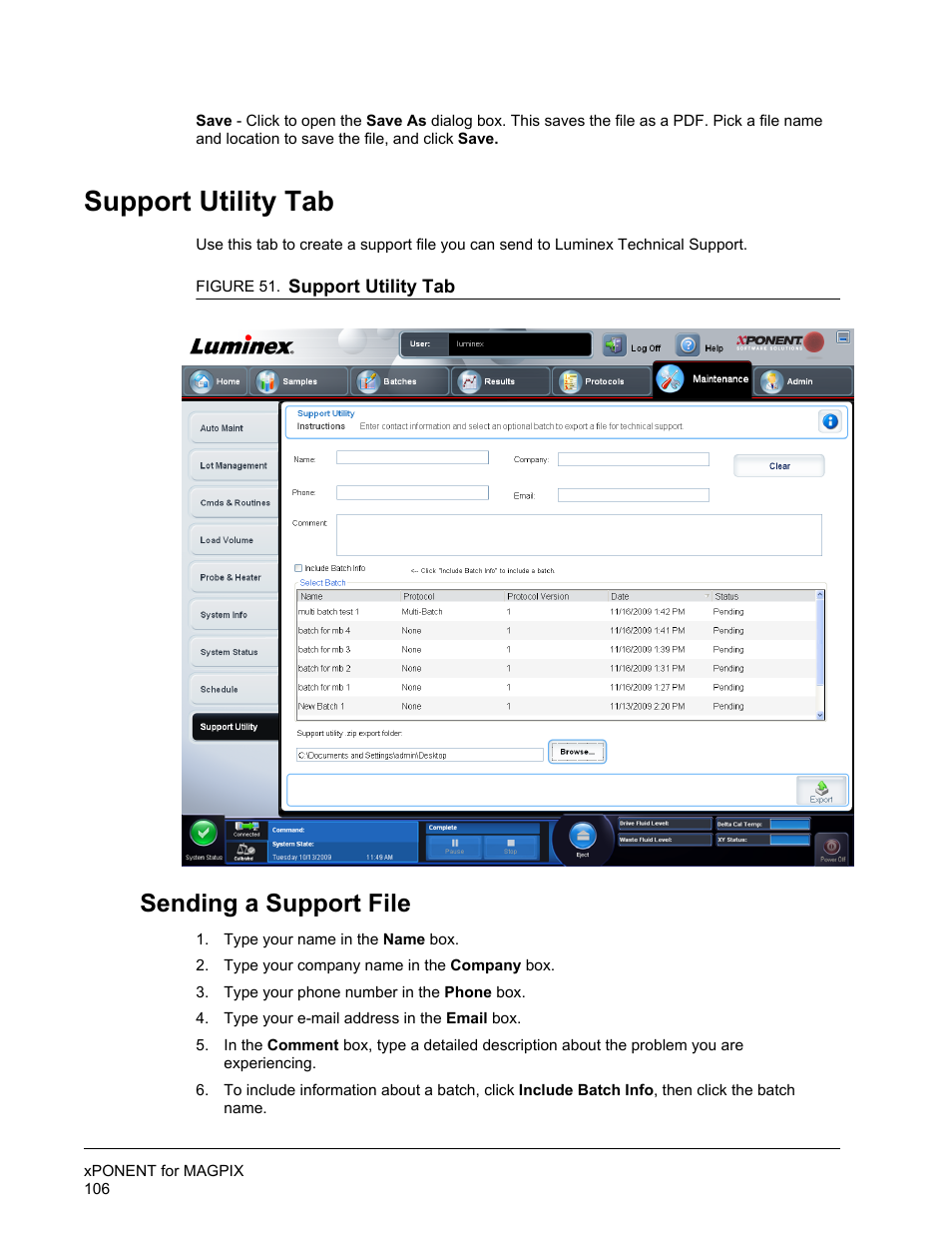 Support utility tab, Sending a support file | Luminex xPONENT for MAGPIX User Manual | Page 119 / 126