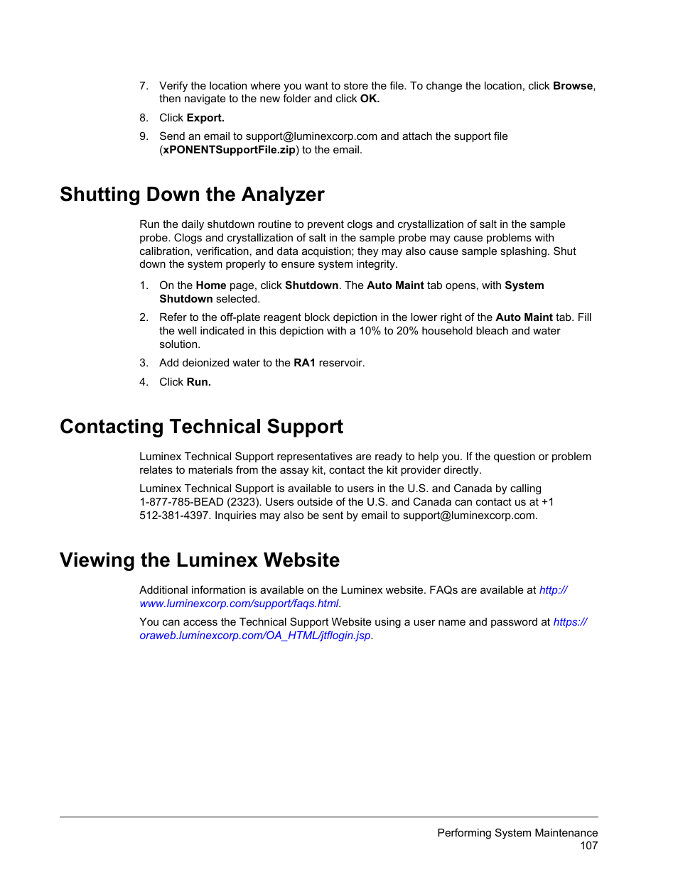 Shutting down the analyzer, Contacting technical support, Viewing the luminex website | Luminex xPONENT for MAGPIX User Manual | Page 120 / 126