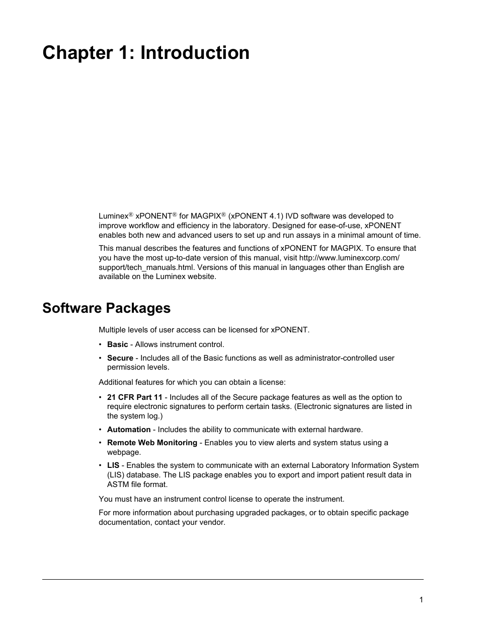 Introduction, Software packages, Chapter 1 introduction | Chapter 1: introduction | Luminex xPONENT for MAGPIX User Manual | Page 14 / 126