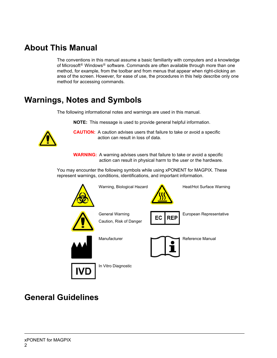 About this manual, Warnings, notes and symbols, General guidelines | Luminex xPONENT for MAGPIX User Manual | Page 15 / 126