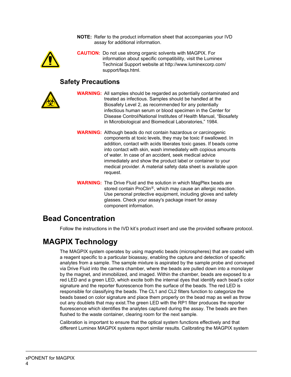 Safety precautions, Bead concentration, Magpix technology | Bead concentration magpix technology | Luminex xPONENT for MAGPIX User Manual | Page 17 / 126