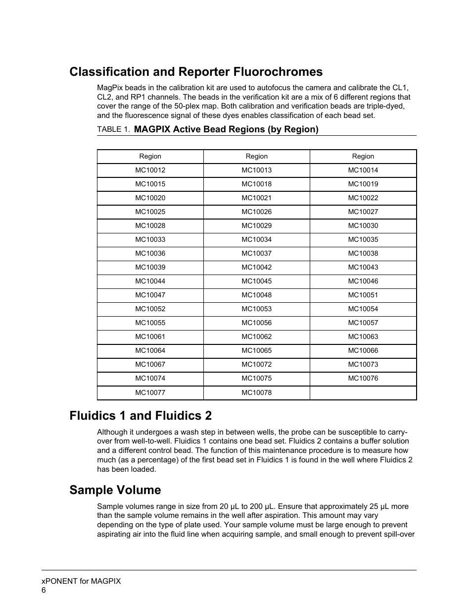 Classification and reporter fluorochromes, Fluidics 1 and fluidics 2, Sample volume | Luminex xPONENT for MAGPIX User Manual | Page 19 / 126