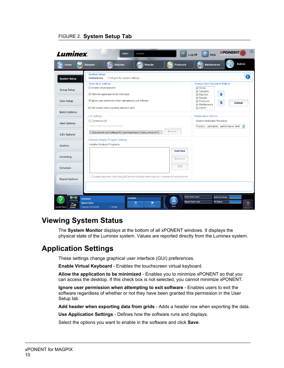 Viewing system status, Application settings, Viewing system status application settings | Luminex xPONENT for MAGPIX User Manual | Page 23 / 126