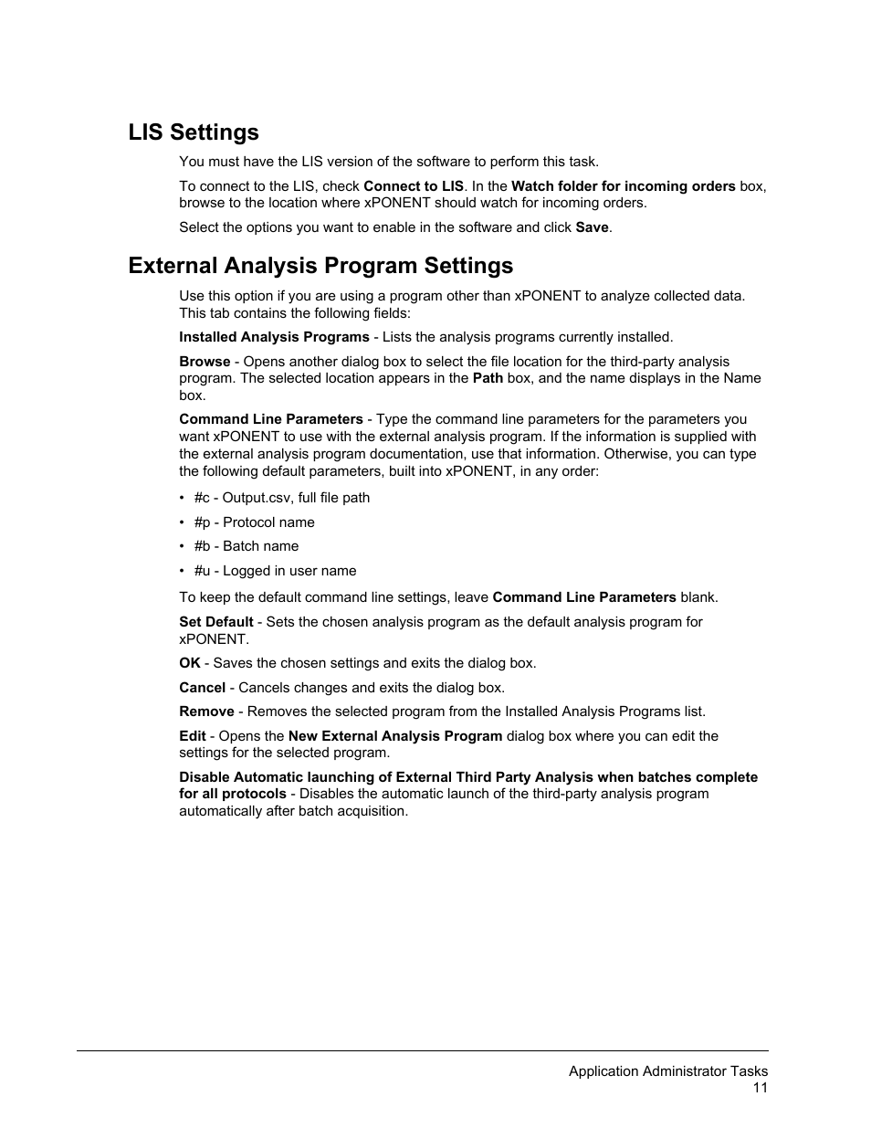 Lis settings, External analysis program settings, Lis settings external analysis program settings | Luminex xPONENT for MAGPIX User Manual | Page 24 / 126