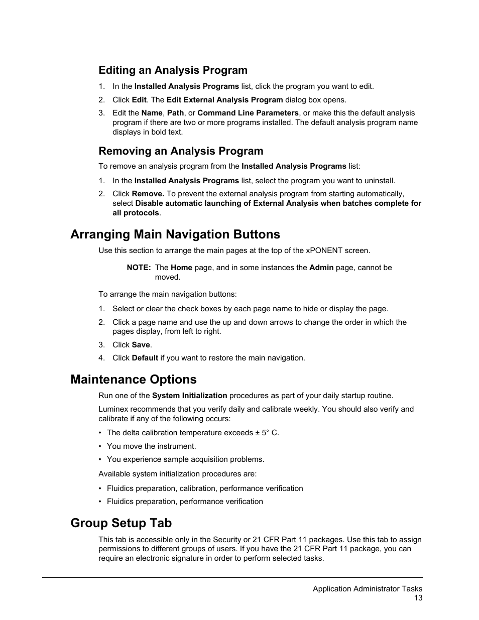 Editing an analysis program, Removing an analysis program, Arranging main navigation buttons | Maintenance options, Group setup tab | Luminex xPONENT for MAGPIX User Manual | Page 26 / 126