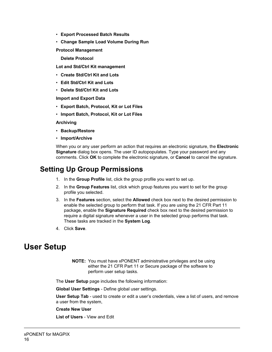 Setting up group permissions, User setup | Luminex xPONENT for MAGPIX User Manual | Page 29 / 126