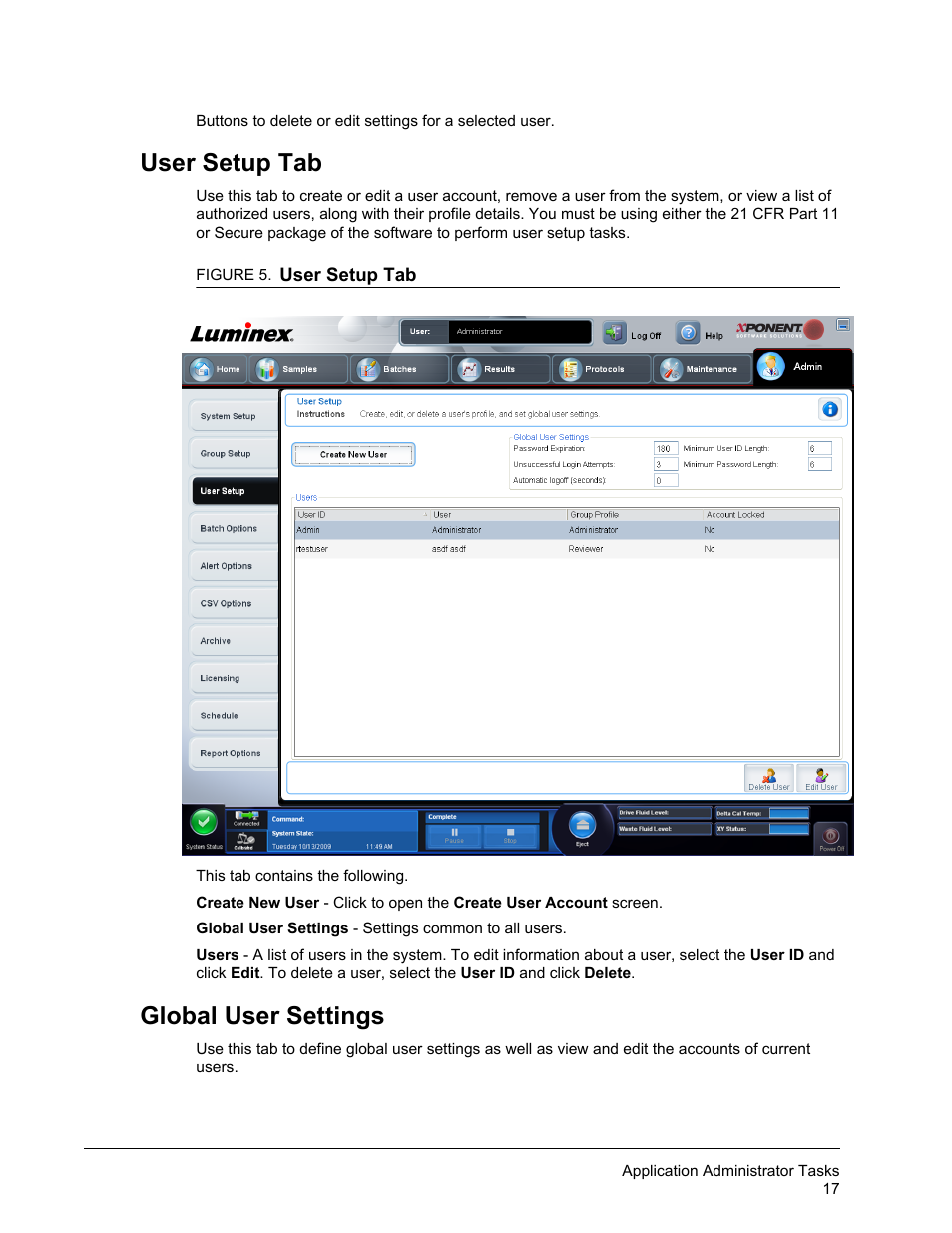 User setup tab, Global user settings, User setup tab global user settings | Luminex xPONENT for MAGPIX User Manual | Page 30 / 126