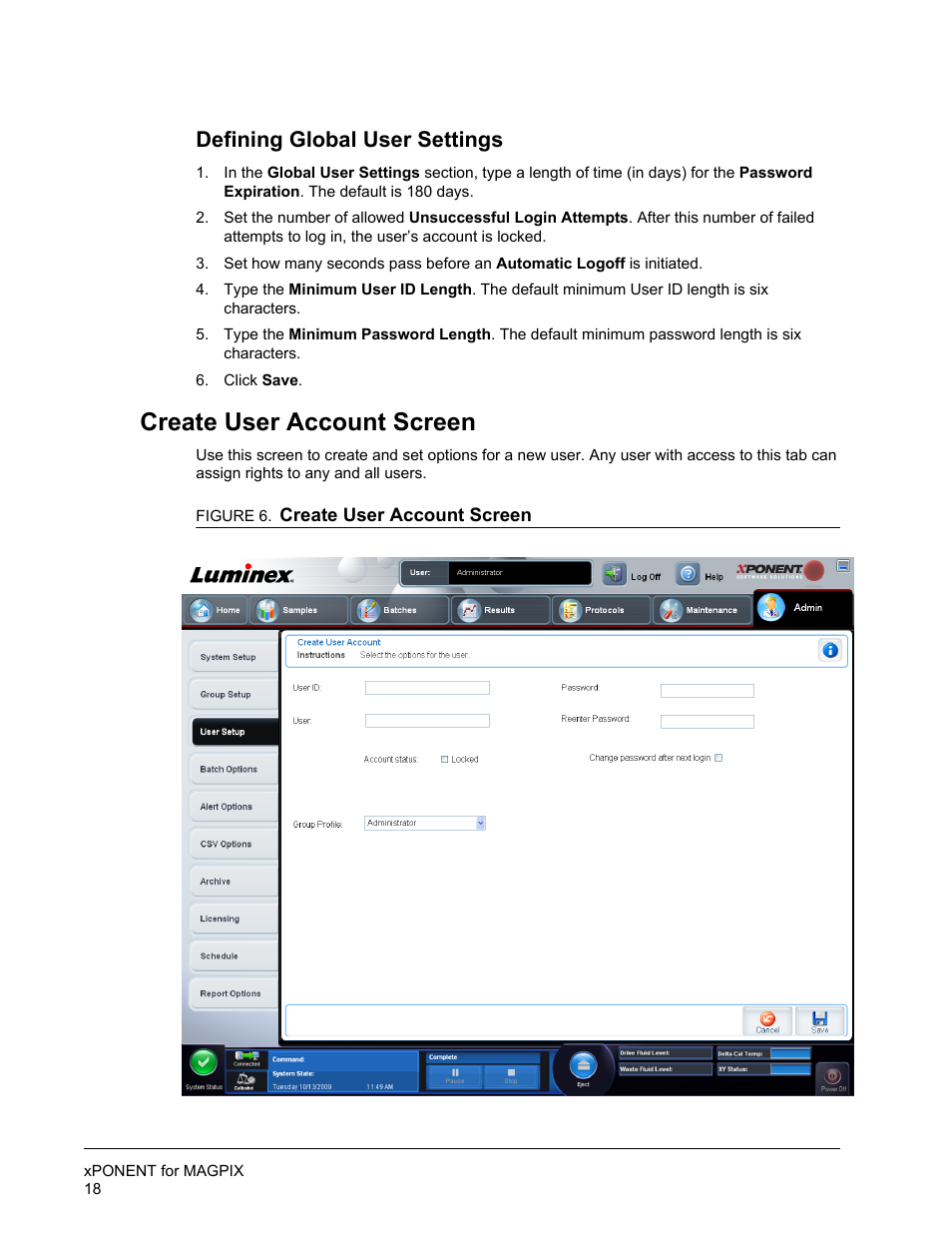 Defining global user settings, Create user account screen | Luminex xPONENT for MAGPIX User Manual | Page 31 / 126