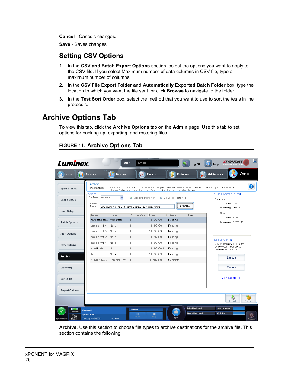 Setting csv options, Archive options tab | Luminex xPONENT for MAGPIX User Manual | Page 39 / 126