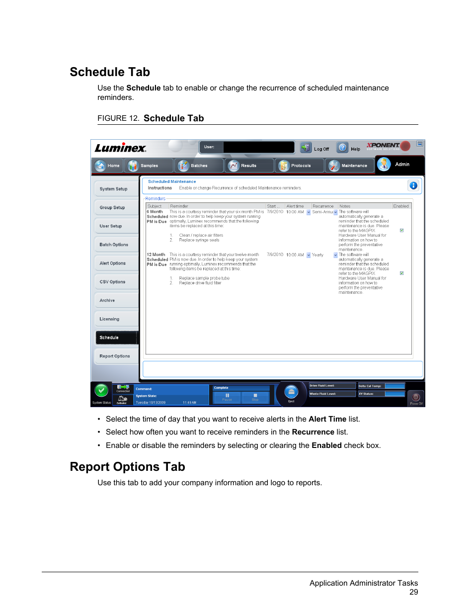 Schedule tab, Report options tab, Schedule tab report options tab | Luminex xPONENT for MAGPIX User Manual | Page 42 / 126