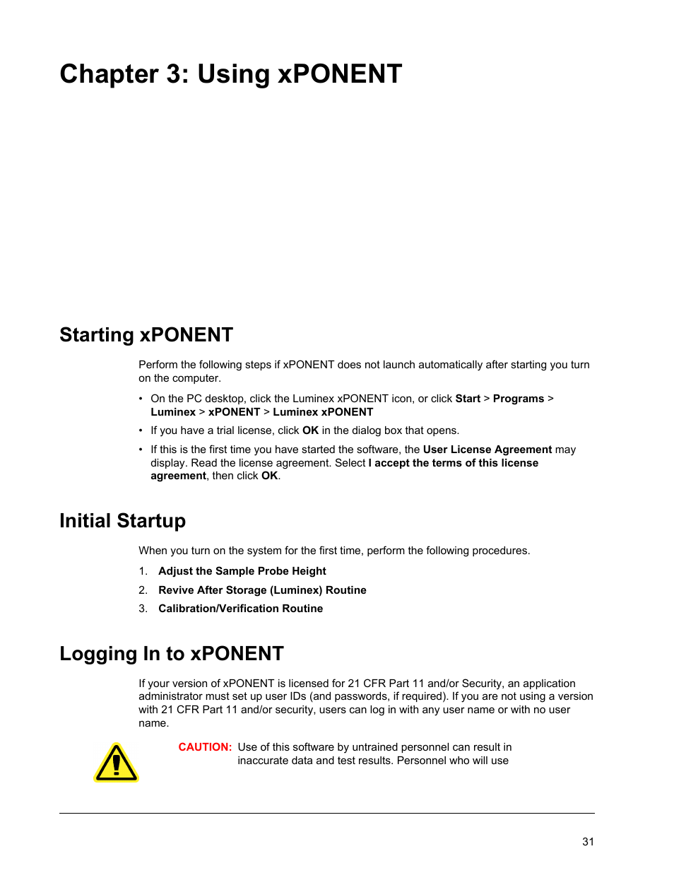 Using xponent, Starting xponent, Initial startup | Logging in to xponent, Chapter 3 using xponent, Chapter 3: using xponent | Luminex xPONENT for MAGPIX User Manual | Page 44 / 126