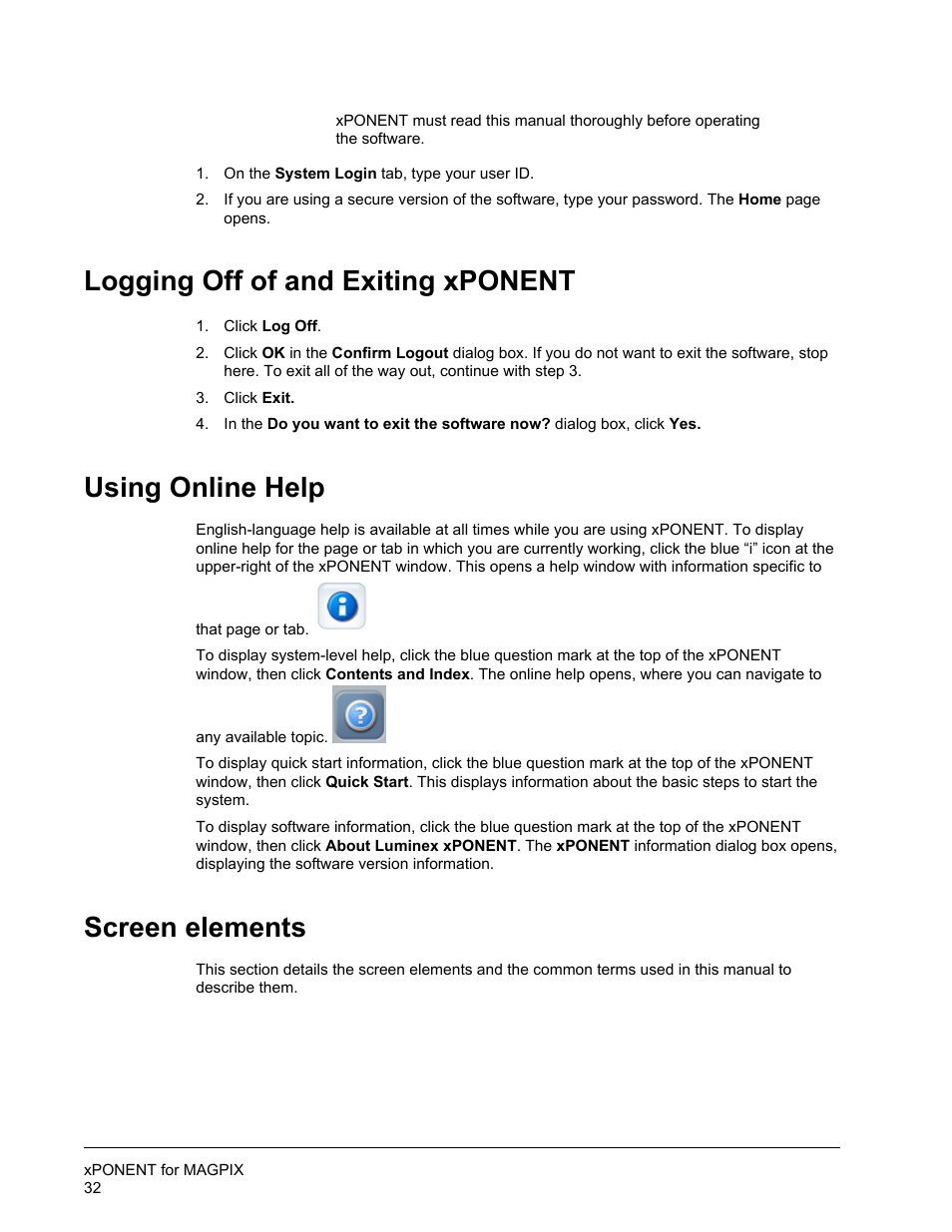 Logging off of and exiting xponent, Using online help, Screen elements | Using online help screen elements | Luminex xPONENT for MAGPIX User Manual | Page 45 / 126