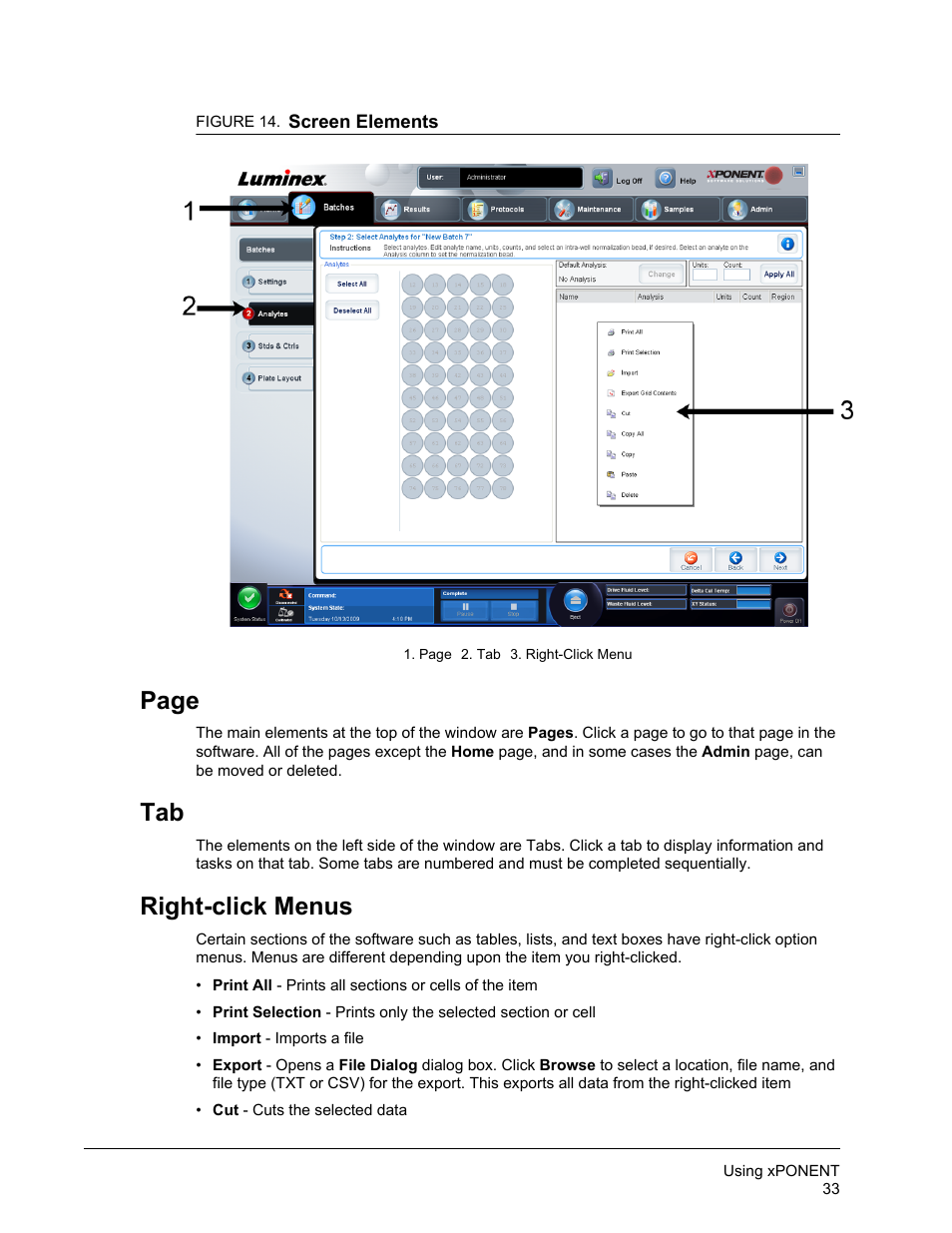 Page, Right-click menus | Luminex xPONENT for MAGPIX User Manual | Page 46 / 126