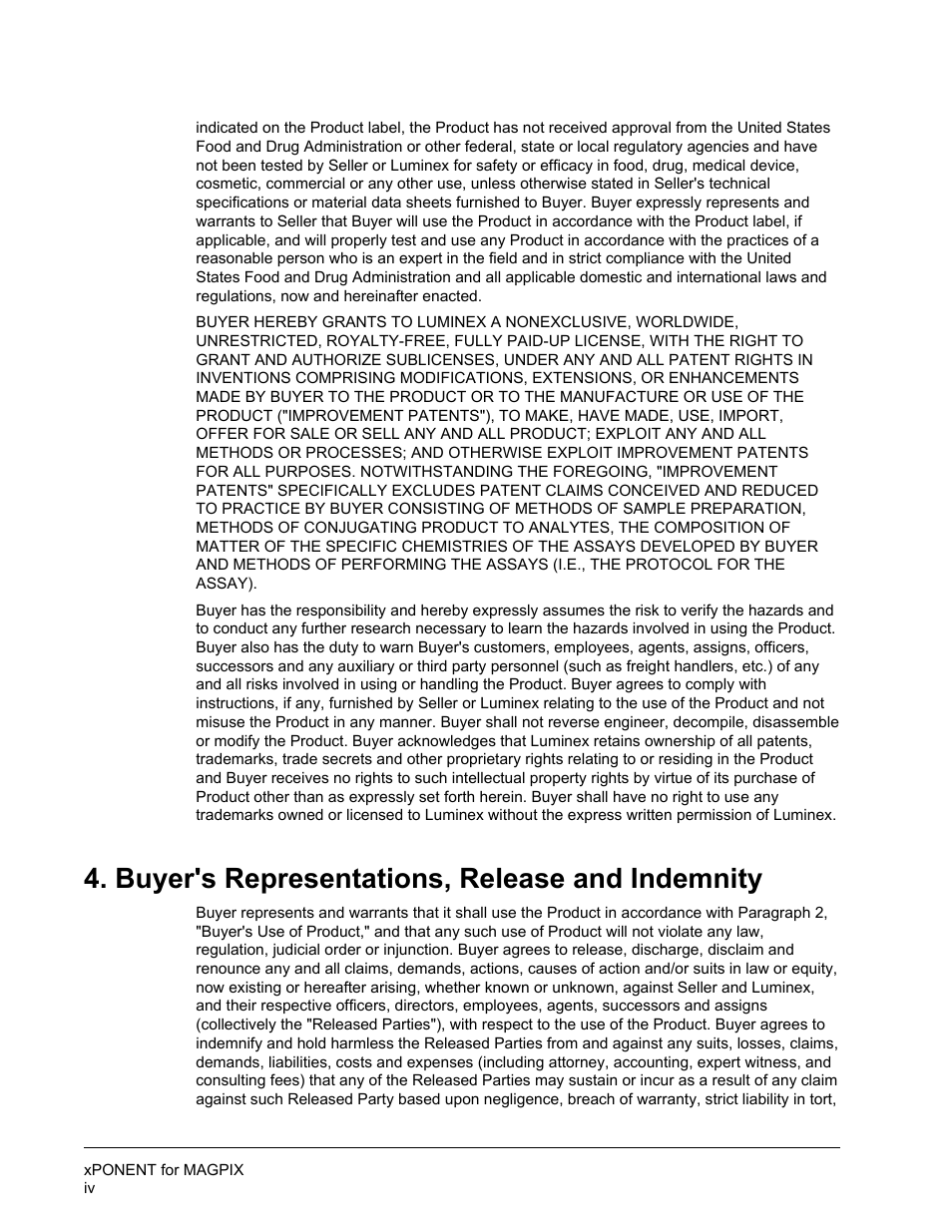 Buyer's representations, release and indemnity | Luminex xPONENT for MAGPIX User Manual | Page 5 / 126