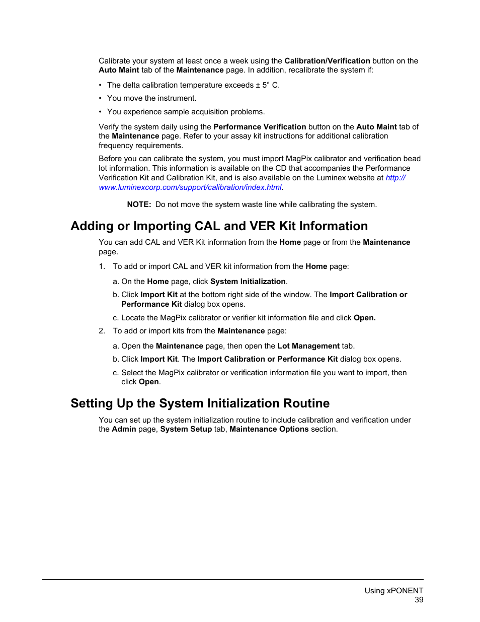 Adding or importing cal and ver kit information, Setting up the system initialization routine | Luminex xPONENT for MAGPIX User Manual | Page 52 / 126