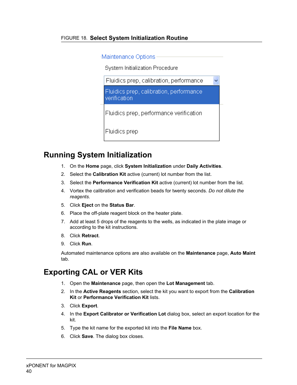 Running system initialization, Exporting cal or ver kits | Luminex xPONENT for MAGPIX User Manual | Page 53 / 126