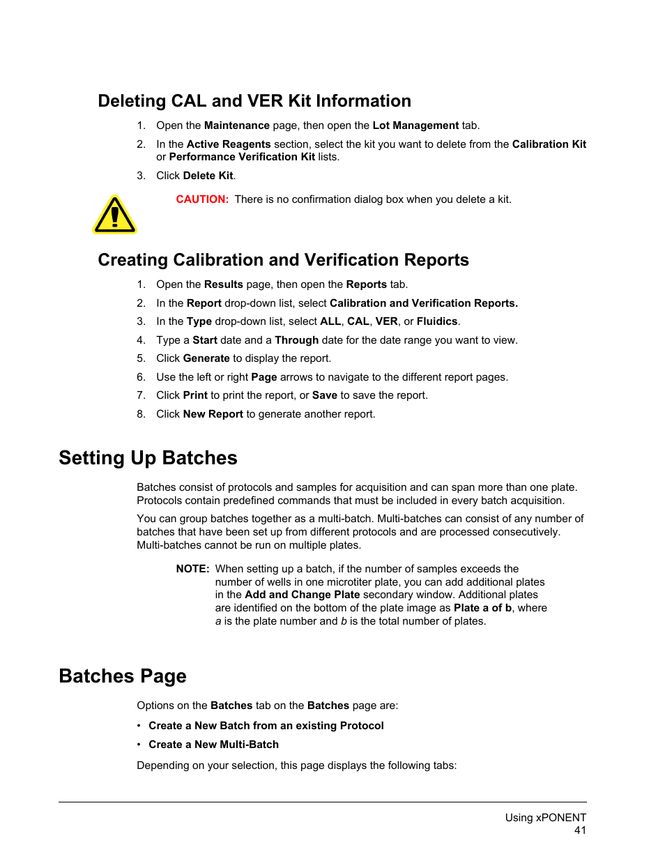 Deleting cal and ver kit information, Creating calibration and verification reports, Setting up batches | Batches page | Luminex xPONENT for MAGPIX User Manual | Page 54 / 126