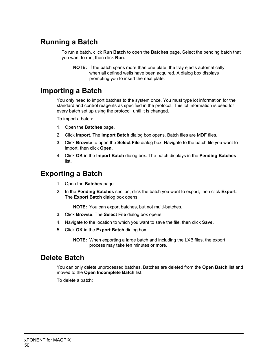 Running a batch, Importing a batch, Exporting a batch | Delete batch | Luminex xPONENT for MAGPIX User Manual | Page 63 / 126