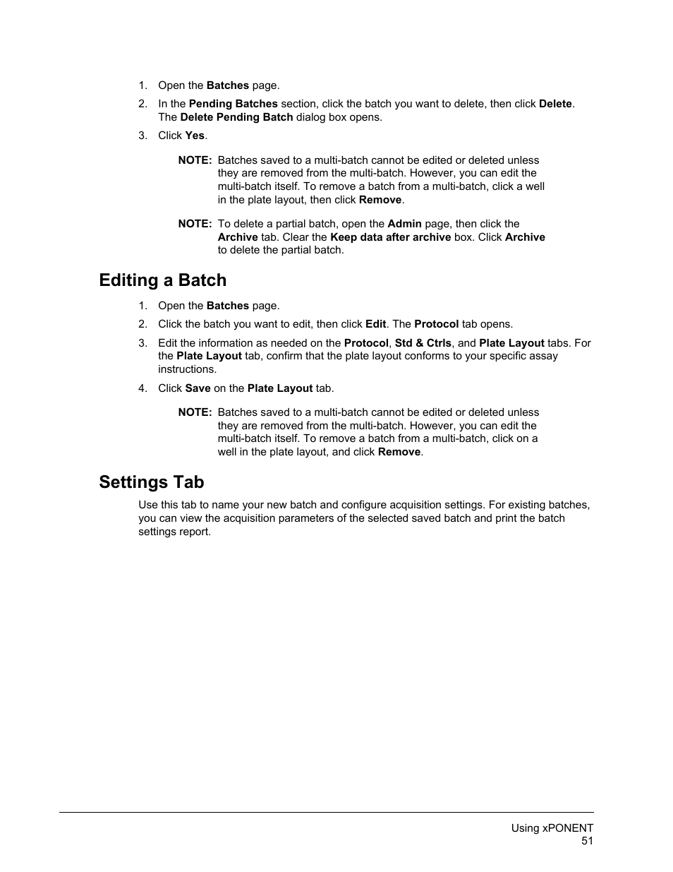 Editing a batch, Settings tab, Editing a batch settings tab | Luminex xPONENT for MAGPIX User Manual | Page 64 / 126