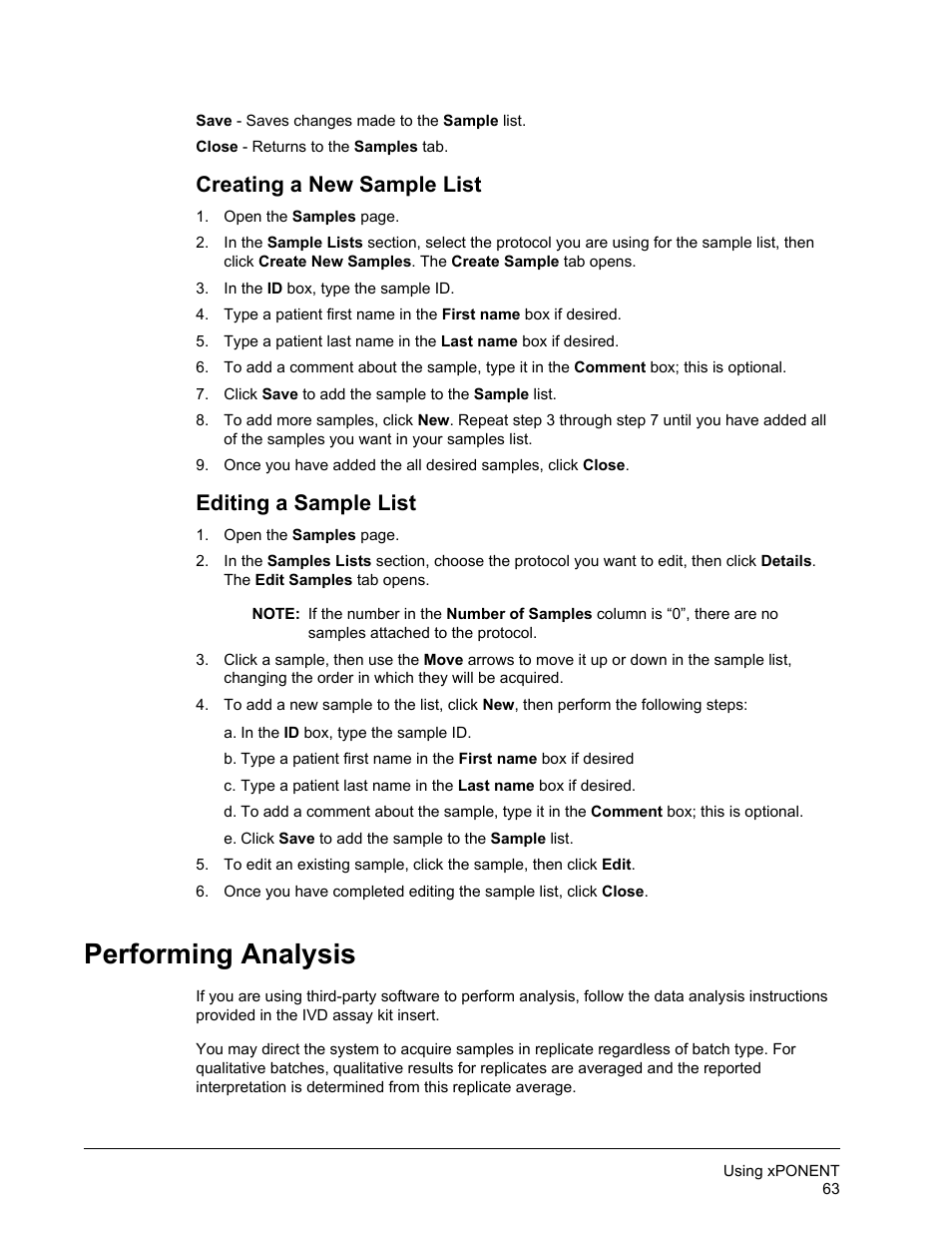 Creating a new sample list, Editing a sample list, Performing analysis | Luminex xPONENT for MAGPIX User Manual | Page 76 / 126