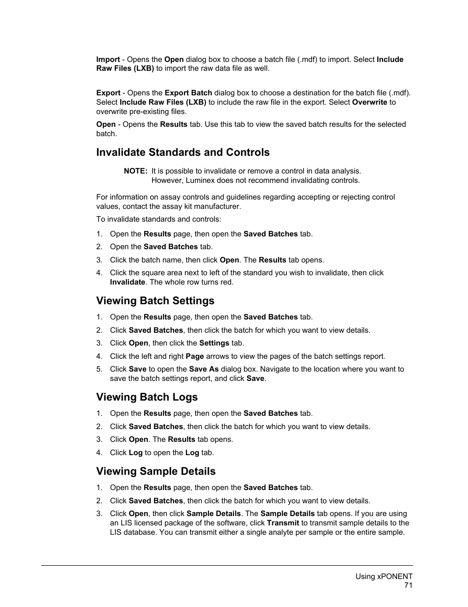 Invalidate standards and controls, Viewing batch settings, Viewing batch logs | Viewing sample details | Luminex xPONENT for MAGPIX User Manual | Page 84 / 126