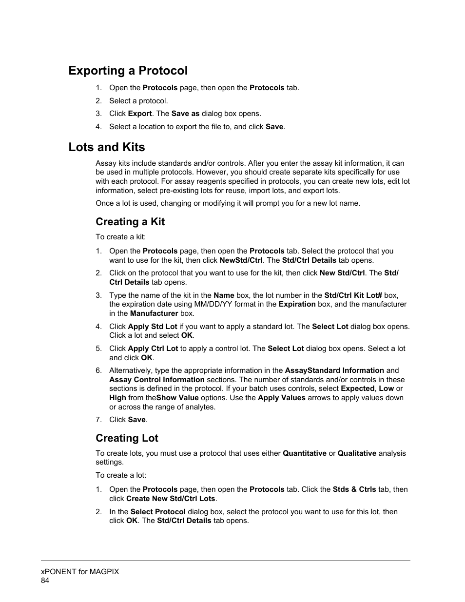 Exporting a protocol, Lots and kits, Creating a kit | Creating lot, Exporting a protocol lots and kits | Luminex xPONENT for MAGPIX User Manual | Page 97 / 126
