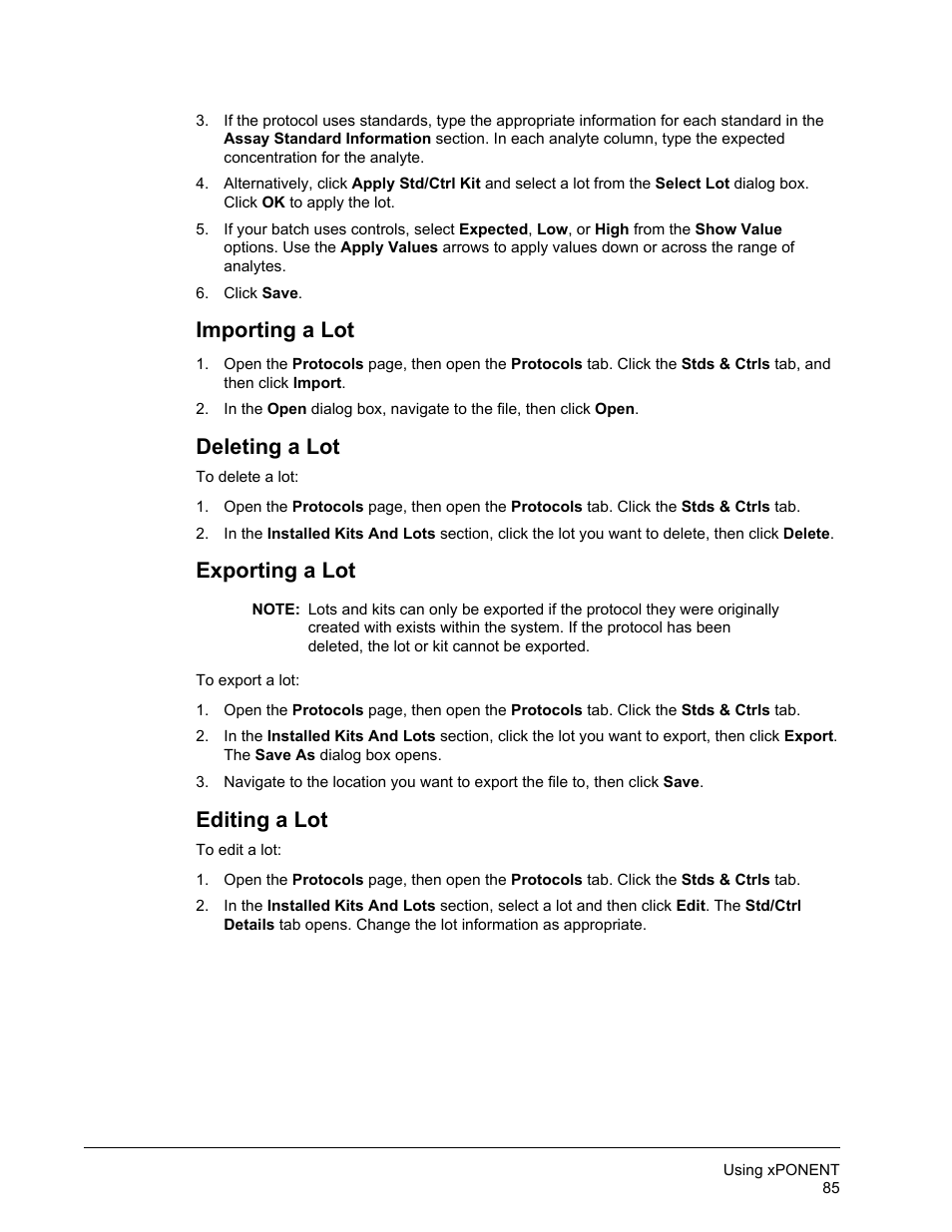 Importing a lot, Deleting a lot, Exporting a lot | Editing a lot | Luminex xPONENT for MAGPIX User Manual | Page 98 / 126
