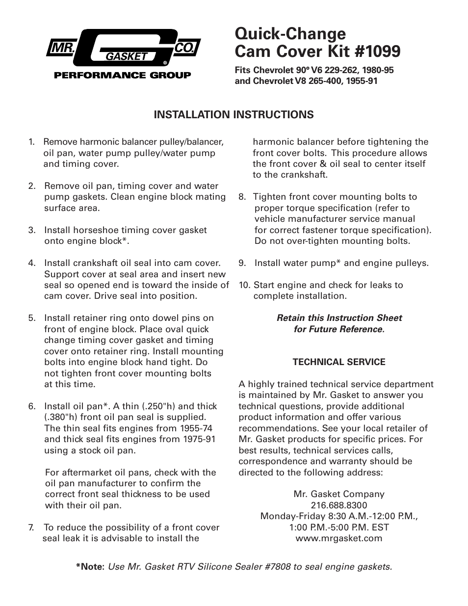 Mr. Gasket 1099 Quick-Change Cam Cover Kit User Manual | 1 page