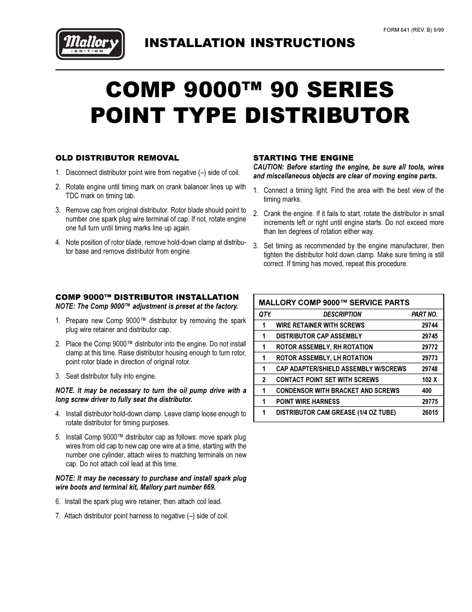 Mallory Ignition Mallory COMP 9000 90 SERIES POINT TYPE DISTRIBUTOR User Manual | 3 pages