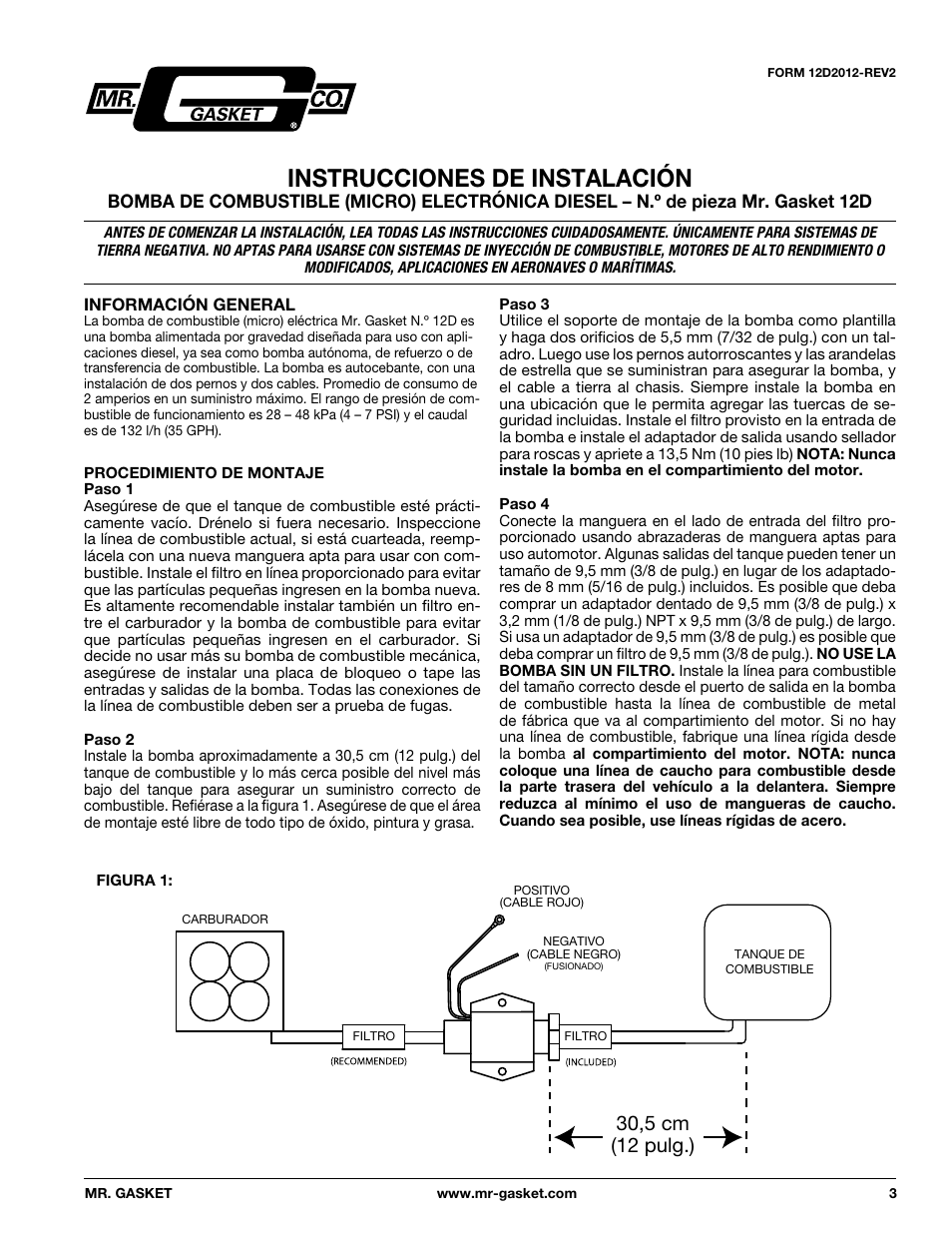 Instrucciones de instalación | Mallory Ignition Mr_Gasket ELECTRIC (MICRO) DIESEL FUEL PUMP 12D User Manual | Page 3 / 4