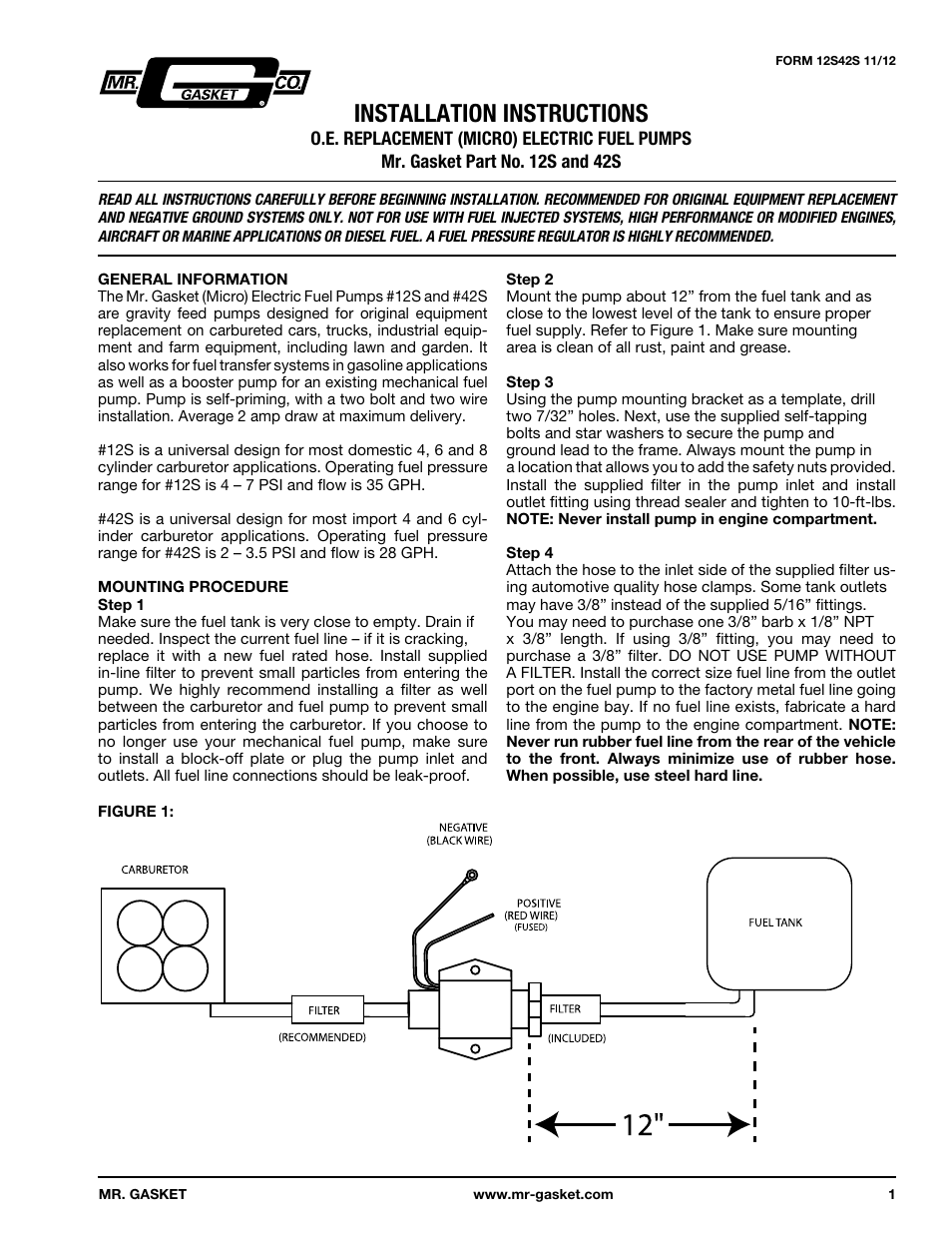 Mr. Gasket 12S Micro-Electric Fuel Pump User Manual | 4 pages