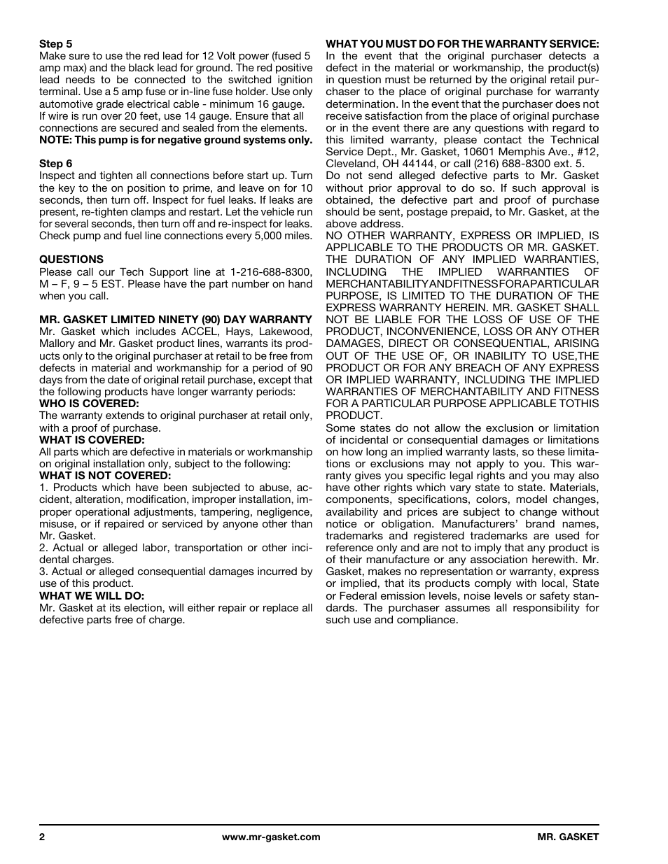 Mr. Gasket 12S Micro-Electric Fuel Pump User Manual | Page 2 / 4