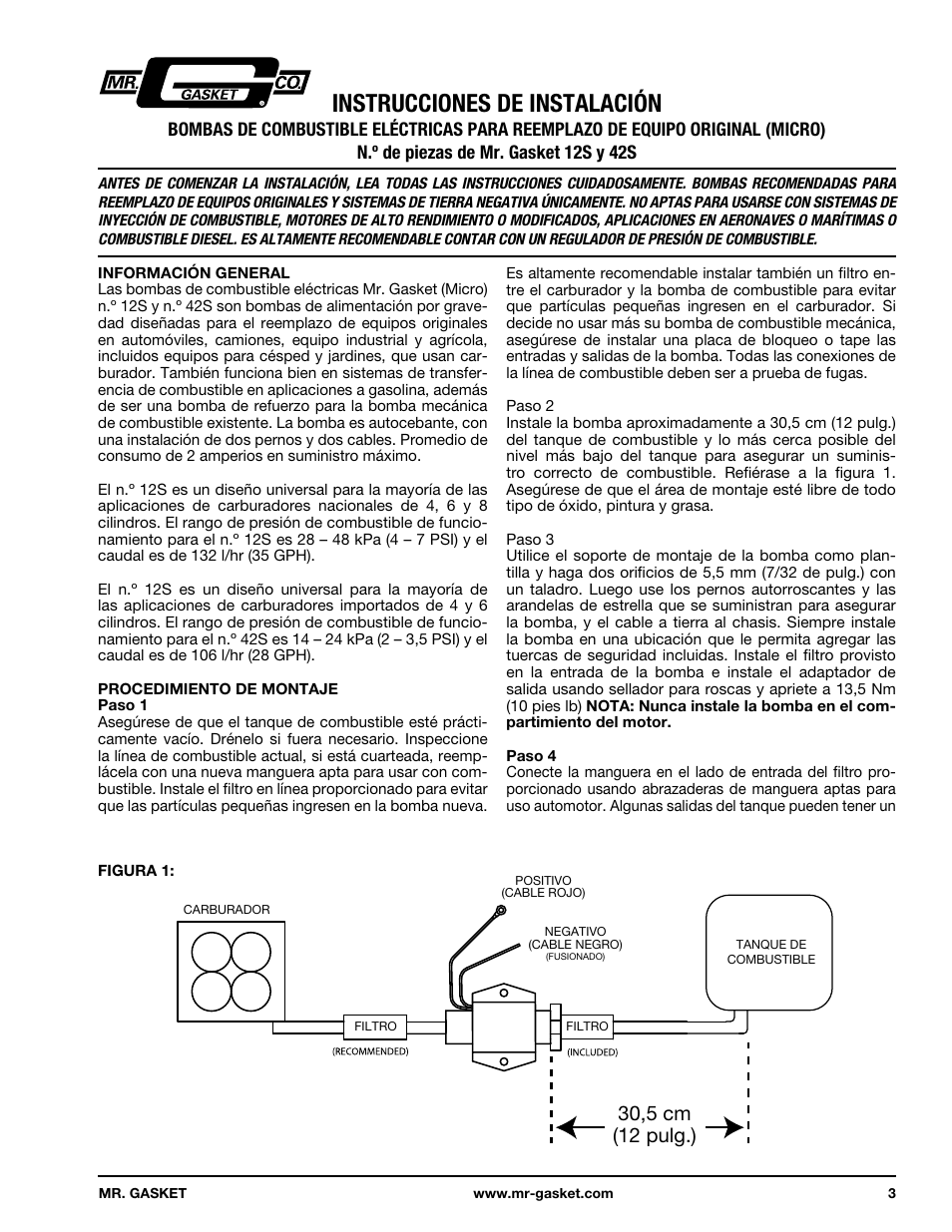 Instrucciones de instalación | Mr. Gasket 12S Micro-Electric Fuel Pump User Manual | Page 3 / 4