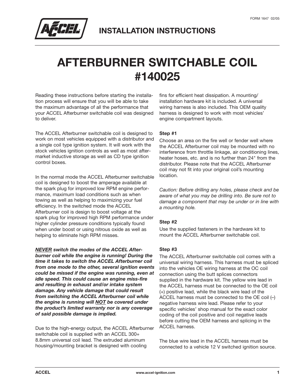 Mallory Ignition ACCEL AFTERBURNER SWITCHABLE COIL 140025 User Manual | 4 pages
