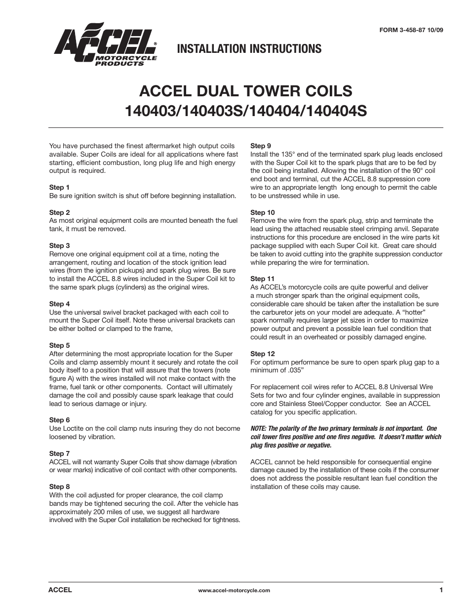 Mallory Ignition ACCEL DUAL TOWER COILS 140403/140403S/140404/140404S User Manual | 2 pages
