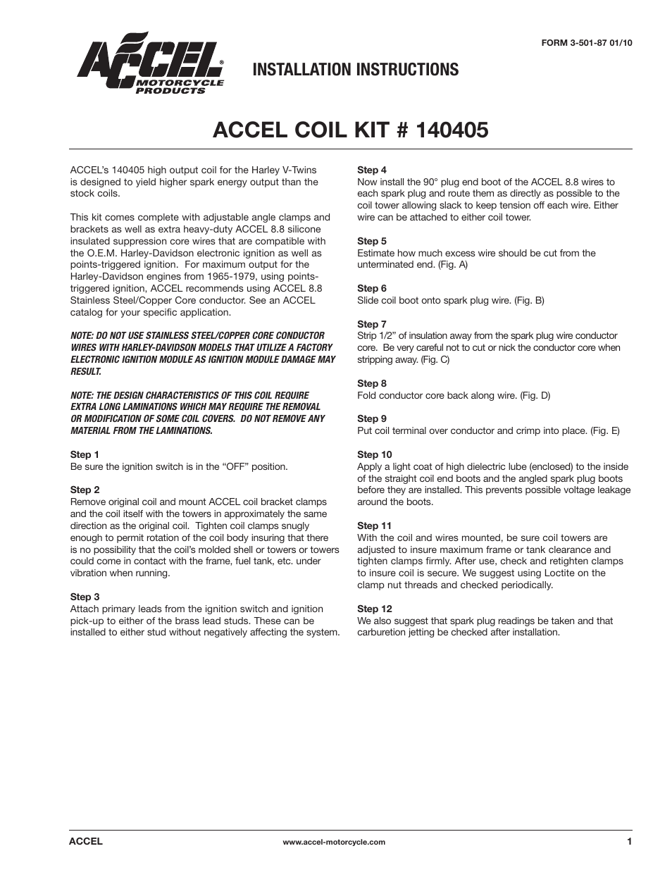 Mallory Ignition ACCEL COIL KIT 140405 User Manual | 2 pages