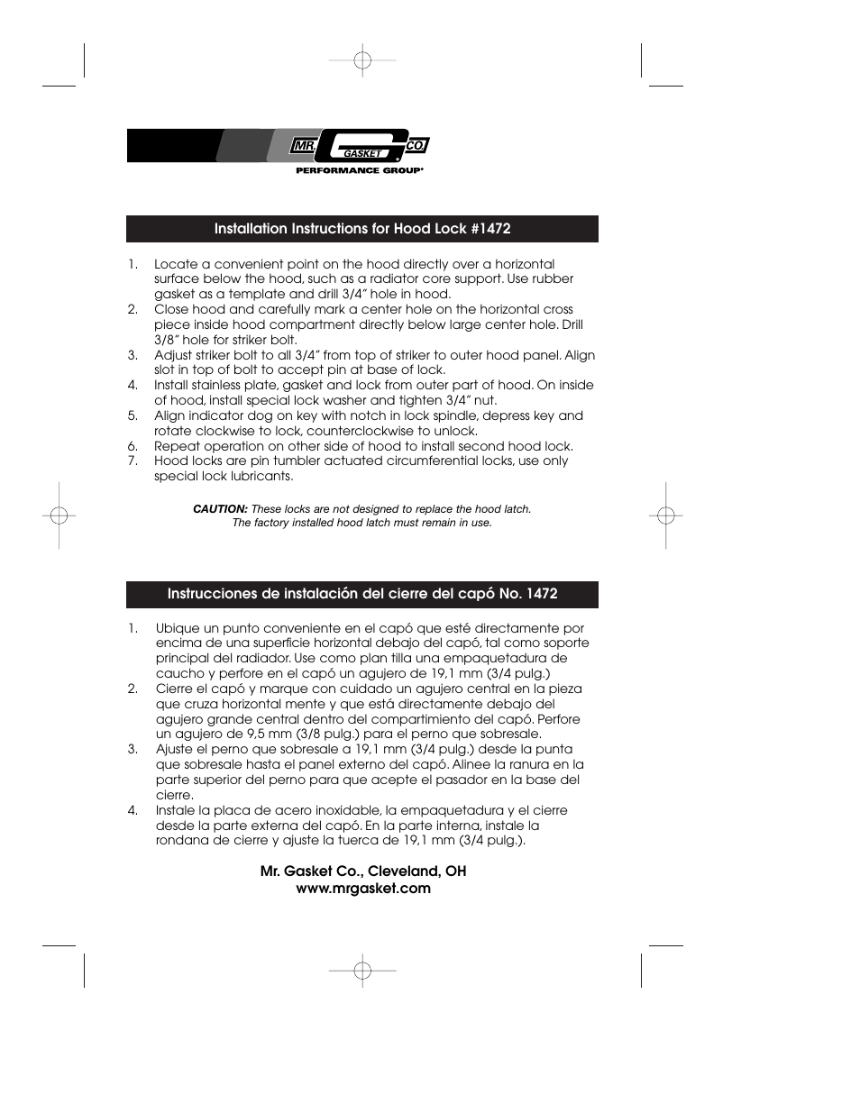 Mr. Gasket 1472 Hood Lock Kit: Universal User Manual | 2 pages