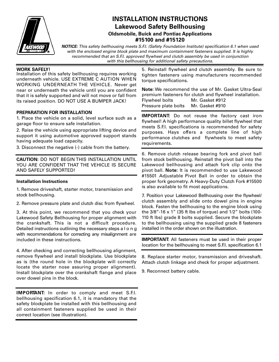Mallory Ignition Lakewood Safety Bellhousing 15100/15120 User Manual | 4 pages