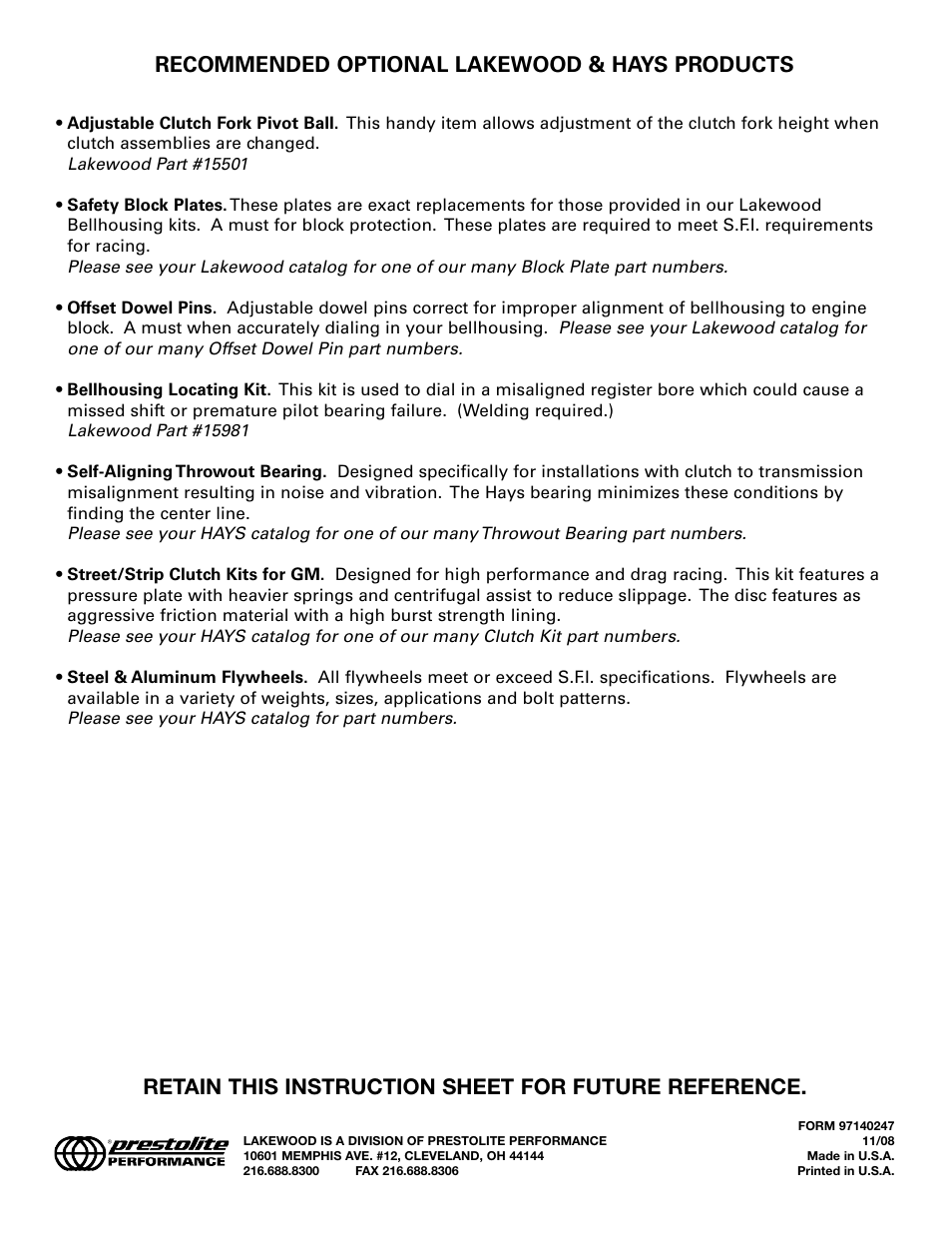 Recommended optional lakewood & hays products, Retain this instruction sheet for future reference | Mallory Ignition Lakewood Safety Bellhousing 15100/15120 User Manual | Page 4 / 4