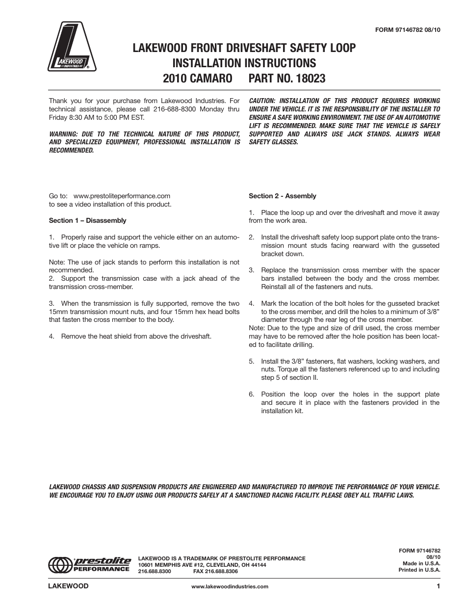 Mallory Ignition LAKEWOOD FRONT DRIVE SHAFT SAFETY LOOP 18023 User Manual | 1 page