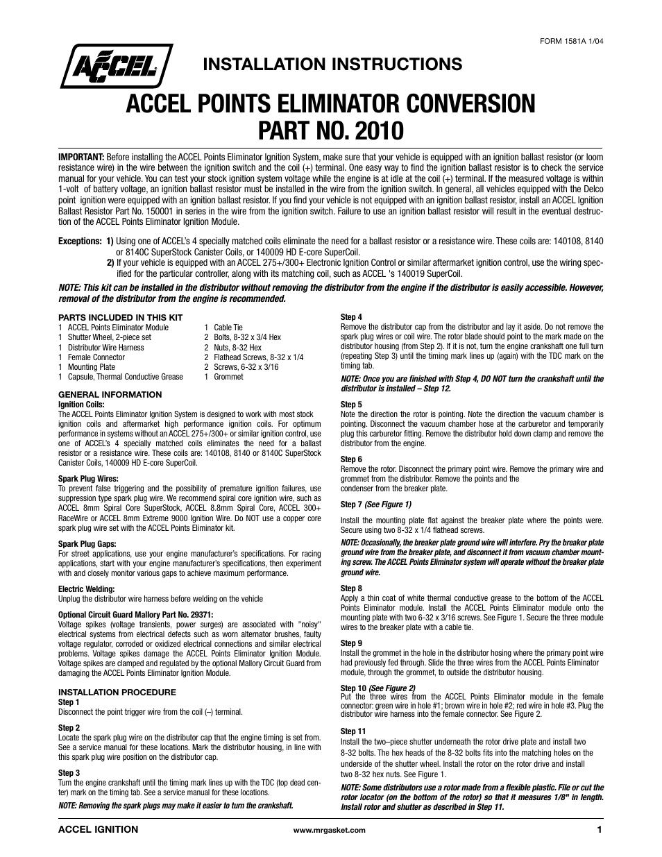 Mallory Ignition ACCEL POINTS ELIMINATOR CONVERSION 2010 User Manual | 3 pages