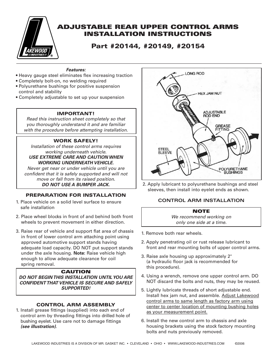 Mallory Ignition Lakewood REAR UPPER CONTROL ARMS 20144_20149_20154 User Manual | 2 pages