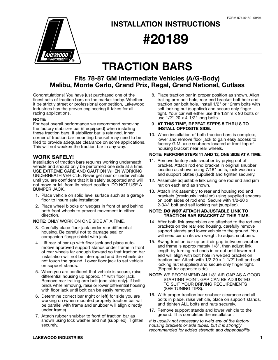 Mallory Ignition Lakewood TRACTION BARS 20189 User Manual | 2 pages
